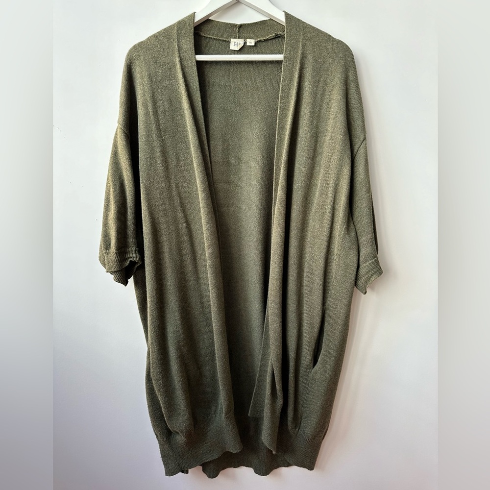 GAP - Olive Green Heather Open Front Oversized Cardigan - Short Sleeves - Large